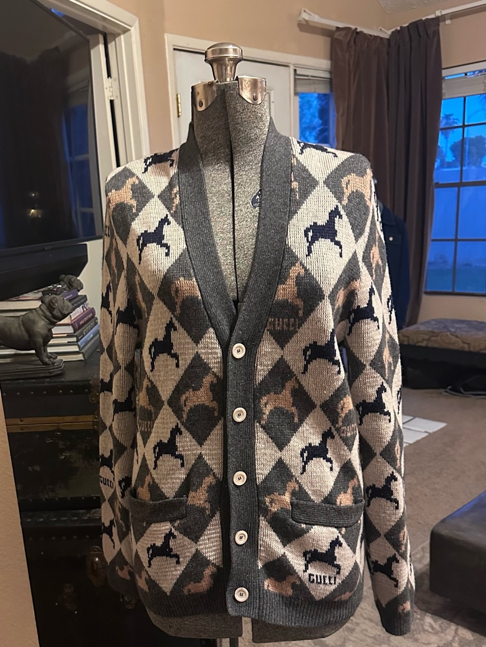 Men's Gray & Beige Argyle Cardigan Sweater